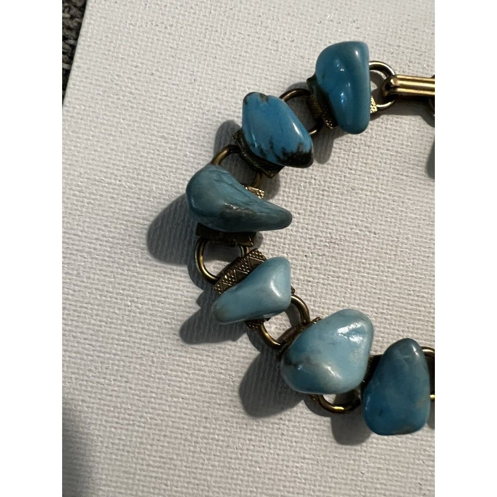 Vintage Silver Tone Book Chain Link Bracelet W Faux Turquoise Nuggets ~ 7" View 4